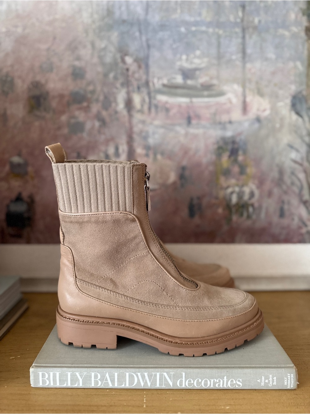 NWOB Sam Edelman Suede Neutral Beige Platform Zip-Up Ankle Boots - 7.5 M